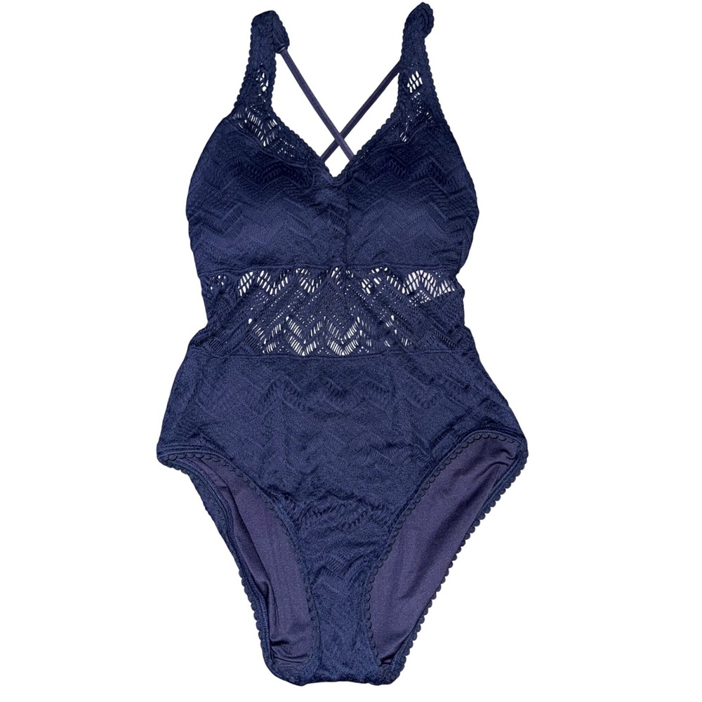 Soma Nightfall Navy Crochet One Piece Swimsuit Size 12 NWT